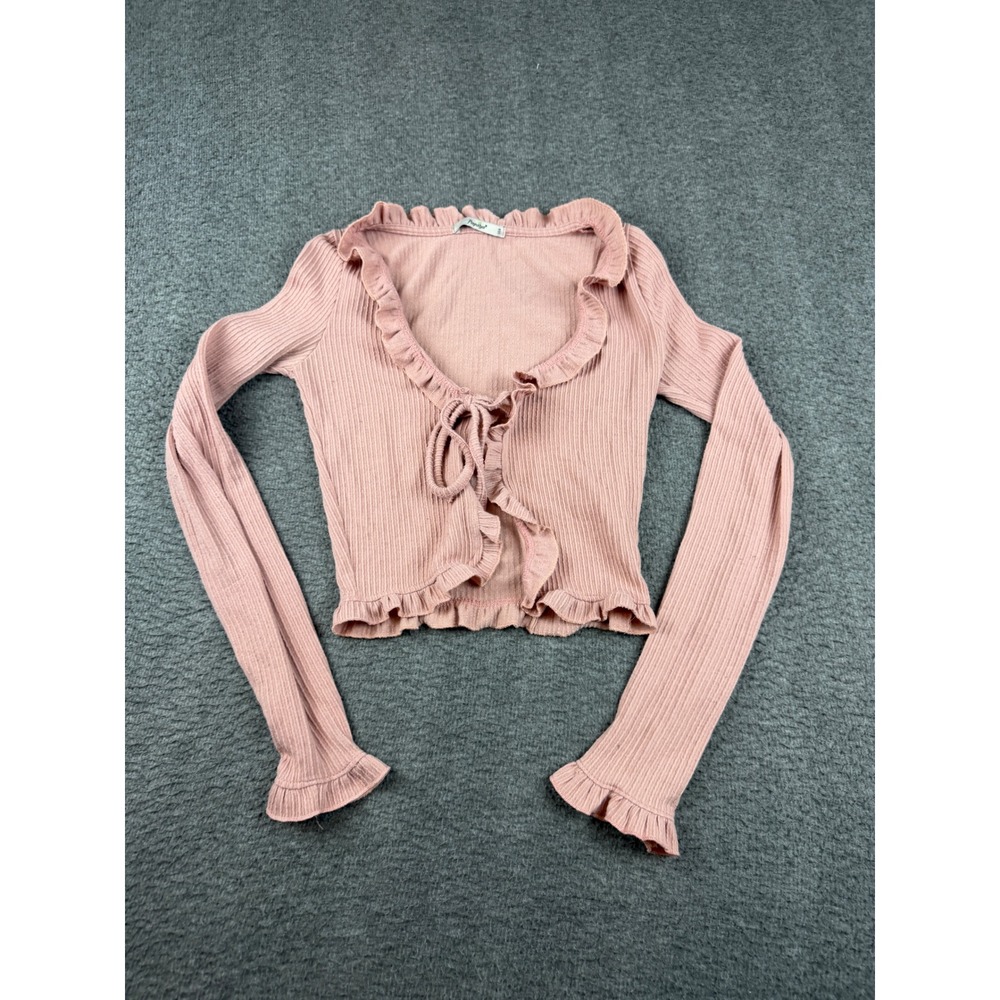 Papaya Ribbed Tie Front Crop Top Women's Medium Pink Ruffle Long Sleeve T6612-A